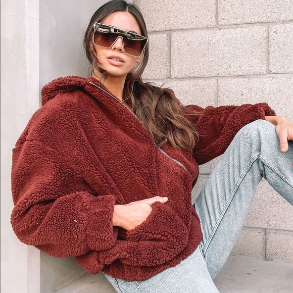 Red Fuzzy Oversized Hooded Sweater Jacket - Picture 3 of 3